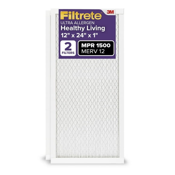 Filtrete 12x24x1 AC Furnace Air Filter, MERV 12, MPR 1500, CERTIFIED asthma & allergy friendly, 3 Month Pleated 1-Inch Electrostatic Air Cleaning Filter, 2-Pac