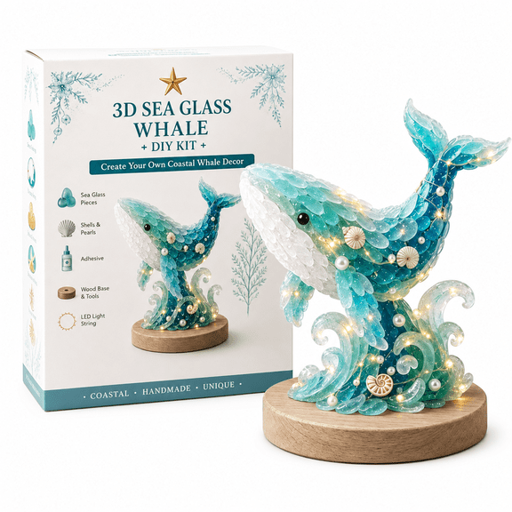 DIY 3D Sea Glass Art Kit, Coastal Ocean & Christmas DIY Craft Set for Adults, Lighted Sea Glass Tabletop Decor with Wood Base, Creative Holiday Handmade Gift