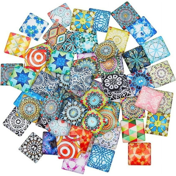 60Pcs Mosaic Tiles Glass Cabochons Square Mosaic Mixed Color Mosaic Pieces Tile Mosaic Puzzle Material for DIY Art Craft 20x20mm
