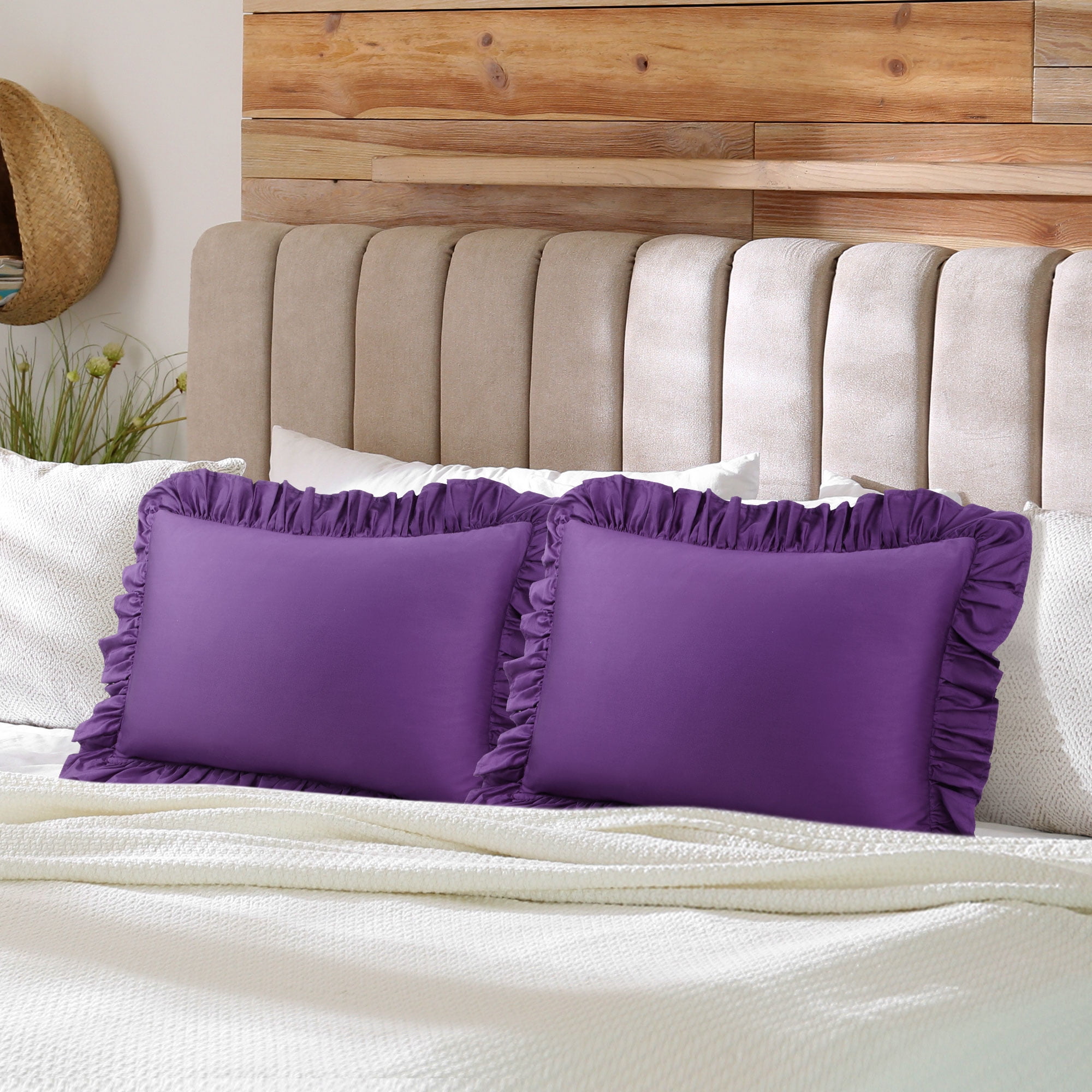 Unique Bargains 2 Pcs 100% Cotton Envelope Closure Ruffled Pillowcases Grape Standard