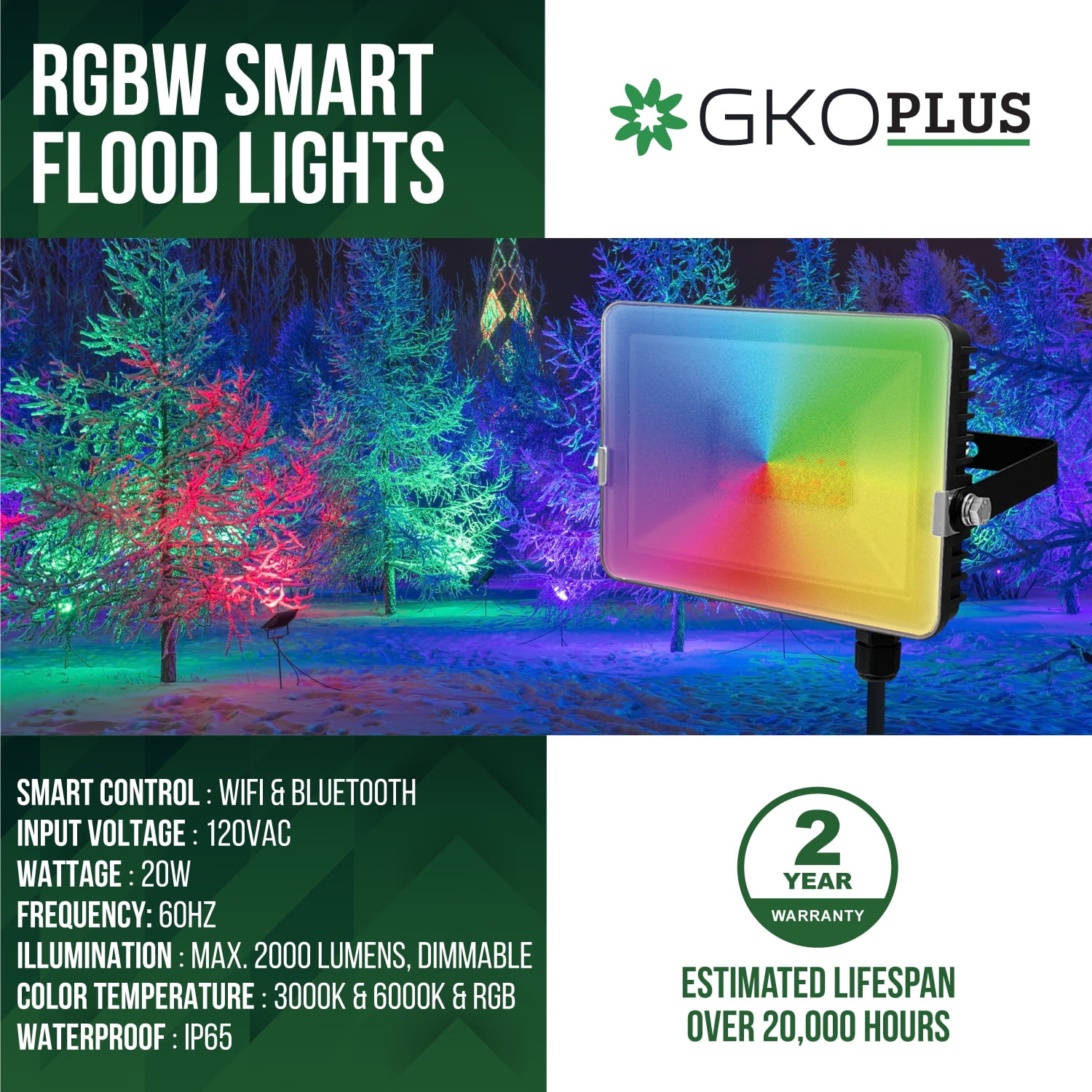 GKOplus 2-Pack RGB+CW LED Flood Light 160W Equivalent, WiFi & Bluetooth Smart Control Color Changing Stage Lights, Wall Washer Lights, Uplighting for Events, IP65 Waterproof for Outdoor Uses