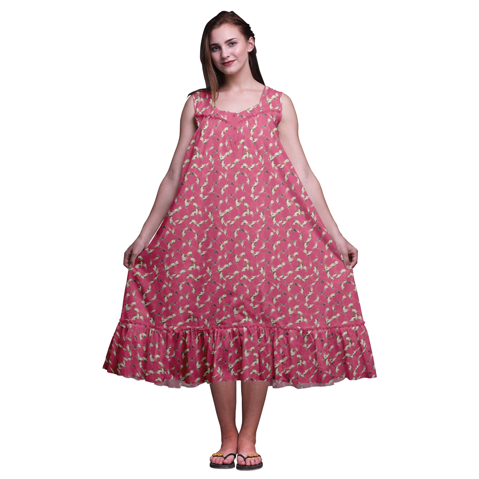 Bimba Pink2 Floral Roses & Ranunculus Mid Calf Nightwear Ladies Cotton Printed Sleeveless Night Gown Maxi Dress XXX-Large