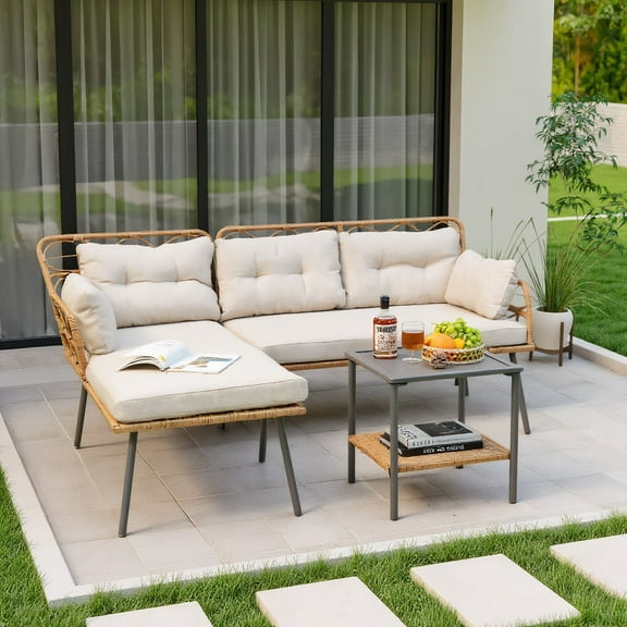 GVN Backyard Furniture Sets,Outdoor Furniture Sets,3 Pieces Corner Patio Furniture with Small Coffee Table-Beige