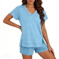 thumbnail image 4 of Womens Loungewear Sets 2 Piece Outfits Women's Casual Short Sleeve Set V Neck Side Split T-Shirt Tops with Elastic Waist Shorts, Soft Breathable Daily Wear Sports Outfits Light Blue L, 4 of 6