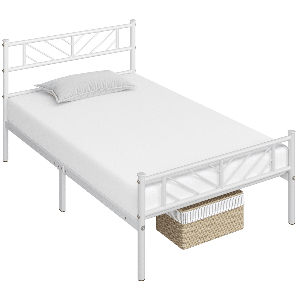 Fullfurnique Metal Adult Platform Bed with Arrow Design Headboard and Footboard, Twin, White