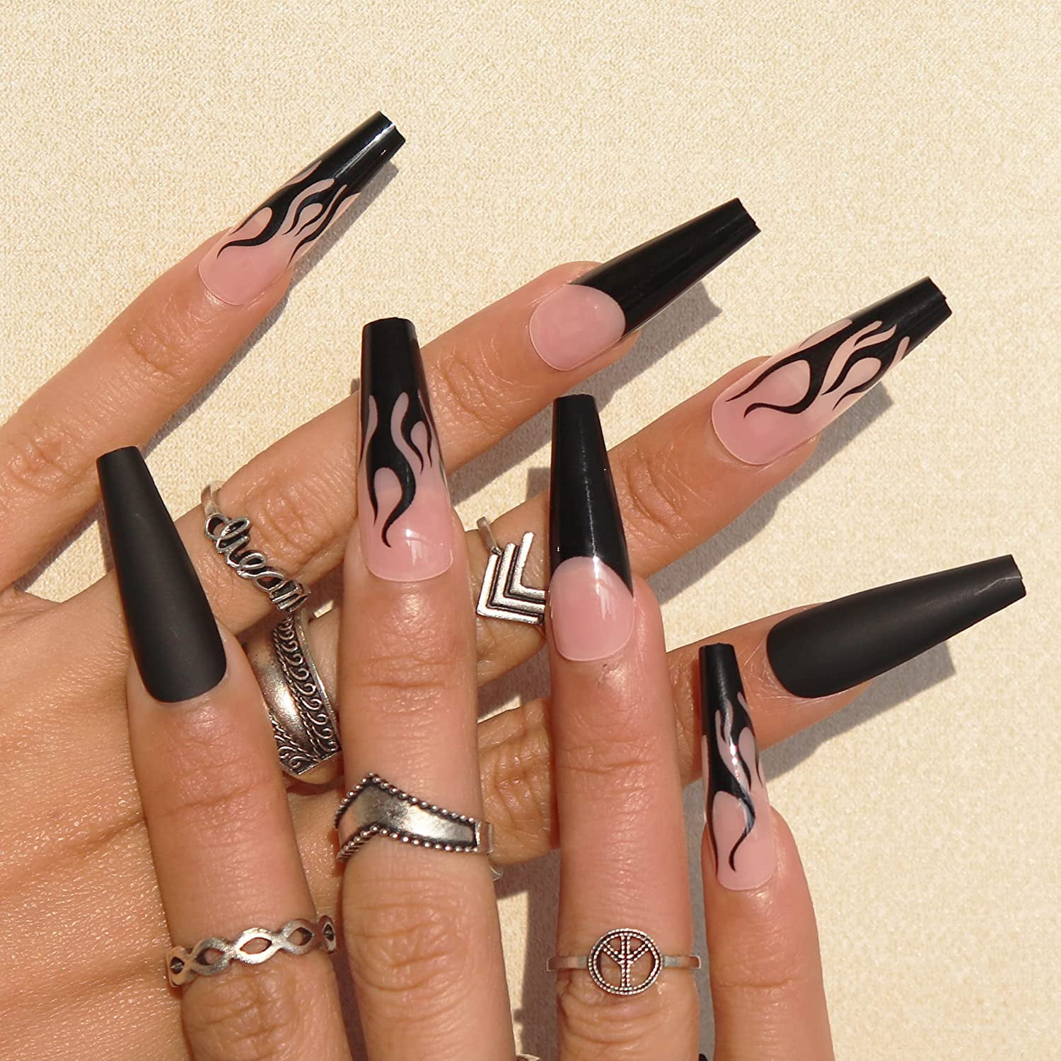 30Pcs Long Coffin Press on Nails, Black Flame Fake Nails Matte False