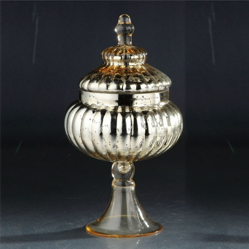 14" Gold and Clear Round Hand Blown Mercury Glass Jar with Finial Lid
