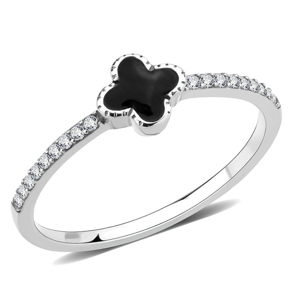 Luxe Jewelry Designs Women's Stainless Steel Flower Shaped Ring with Epoxy Black Jet - Size 8 (Pack