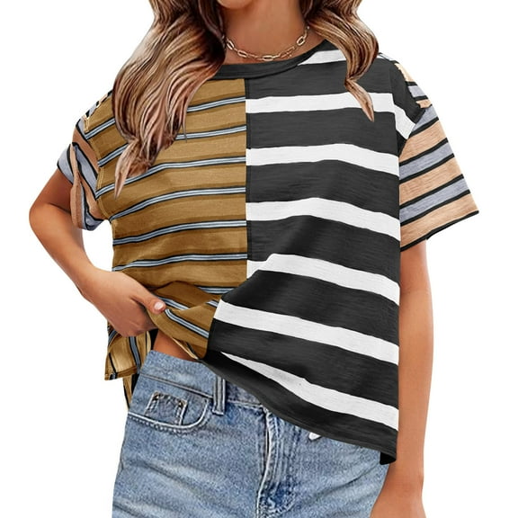 BVOFAR Women's Summer Striped Shirts Casual Color Block Short Sleeve Tops Loose Fit Round Neck Tees 2025