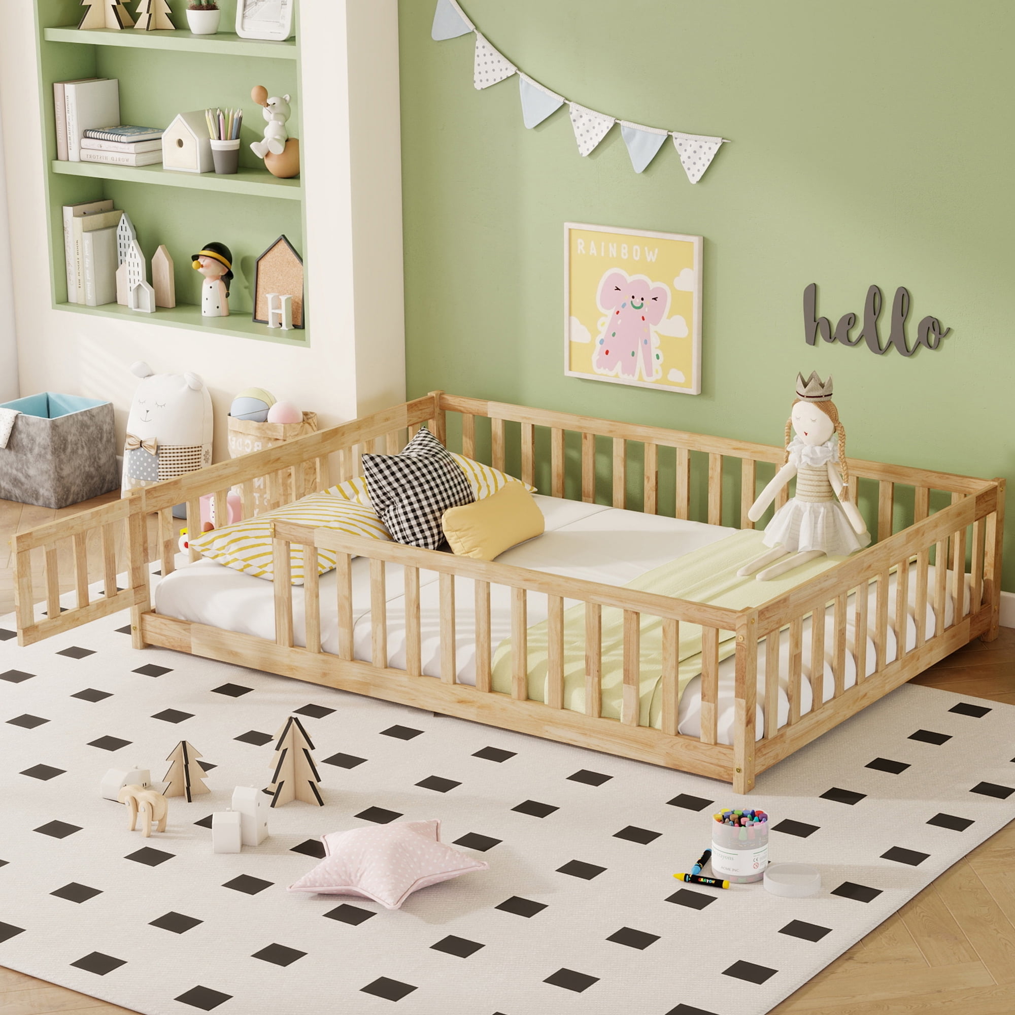 Natural Rubber Wood Full Size Kids Floor Bed with Surround Safety Fence & Access Door, 7 Wood Slats Platform Bed Holds 400LBS Fits ≤6 Inch Mattress No Box Spring Needed