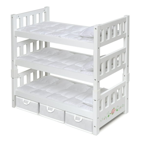 1-2-3 Convertible Doll Bunk Bed with Bedding, Baskets and Free Personalization Kit - White Rose