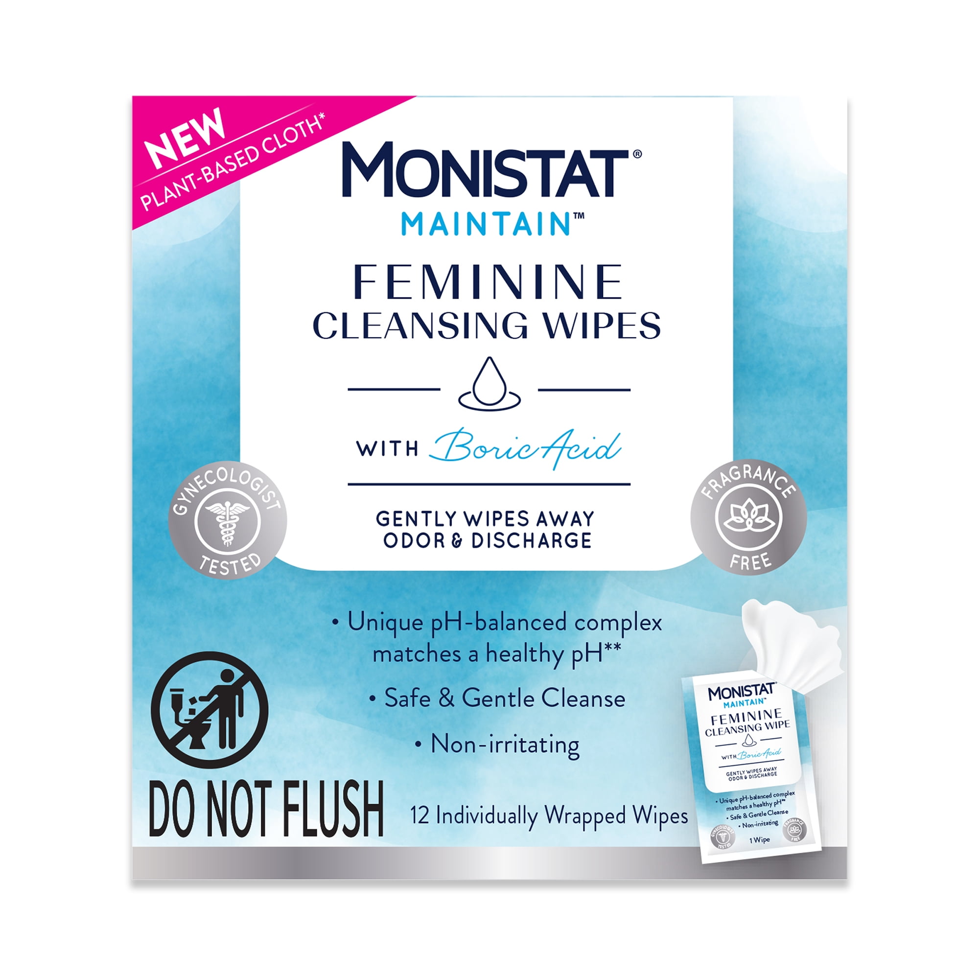 (6 pack) Monistat Maintain Feminine Wipes with Boric Acid for Feminine Care, Fragrance Free, 12 Ct