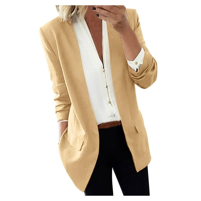 Ladies Work Suit V Neck Cardigan Solid Color Blazer Single Breasted Outwear Button Down Pockets Jacket Comfy Loose Blouse