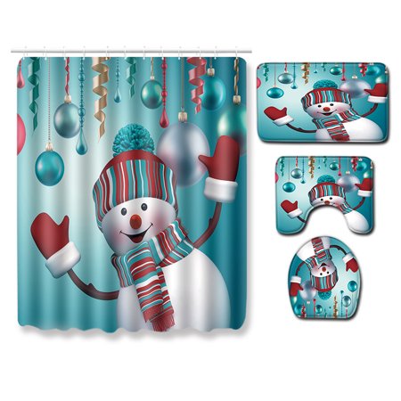 4 Pieces Shower Curtain Set,Christmas Waterproof Print Non-Slip Rug+ Toilet Lid Cover+ Bath Mat