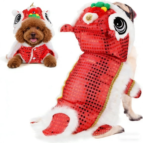 Chinese New Year dog costume lion dance dog costume sequins Chinese lion dance pet costume pet hoodie jacket,Winter warm clothing for small and medium-sized dogs.
