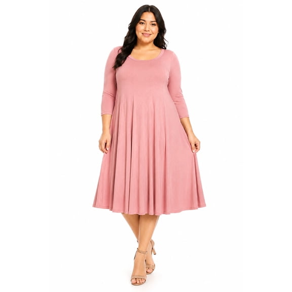 Women's Plus Size Casual 3/4 Sleeves Basic A-Line Pleated Solid Midi Dress