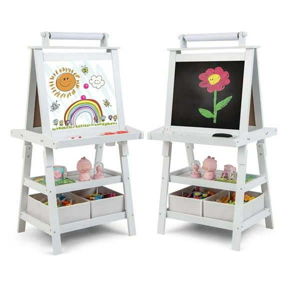 XiHuaZhaoChen Kids Art Easel,3 in 1 Double-Sided Painting Easel w/Magnetic Whiteboard,Chalkboard & Paper Roll,2-Tier Storage Rack & 2 Boxes,Standing Easel for Kids,Toddlers,Gift for Boys,Girls