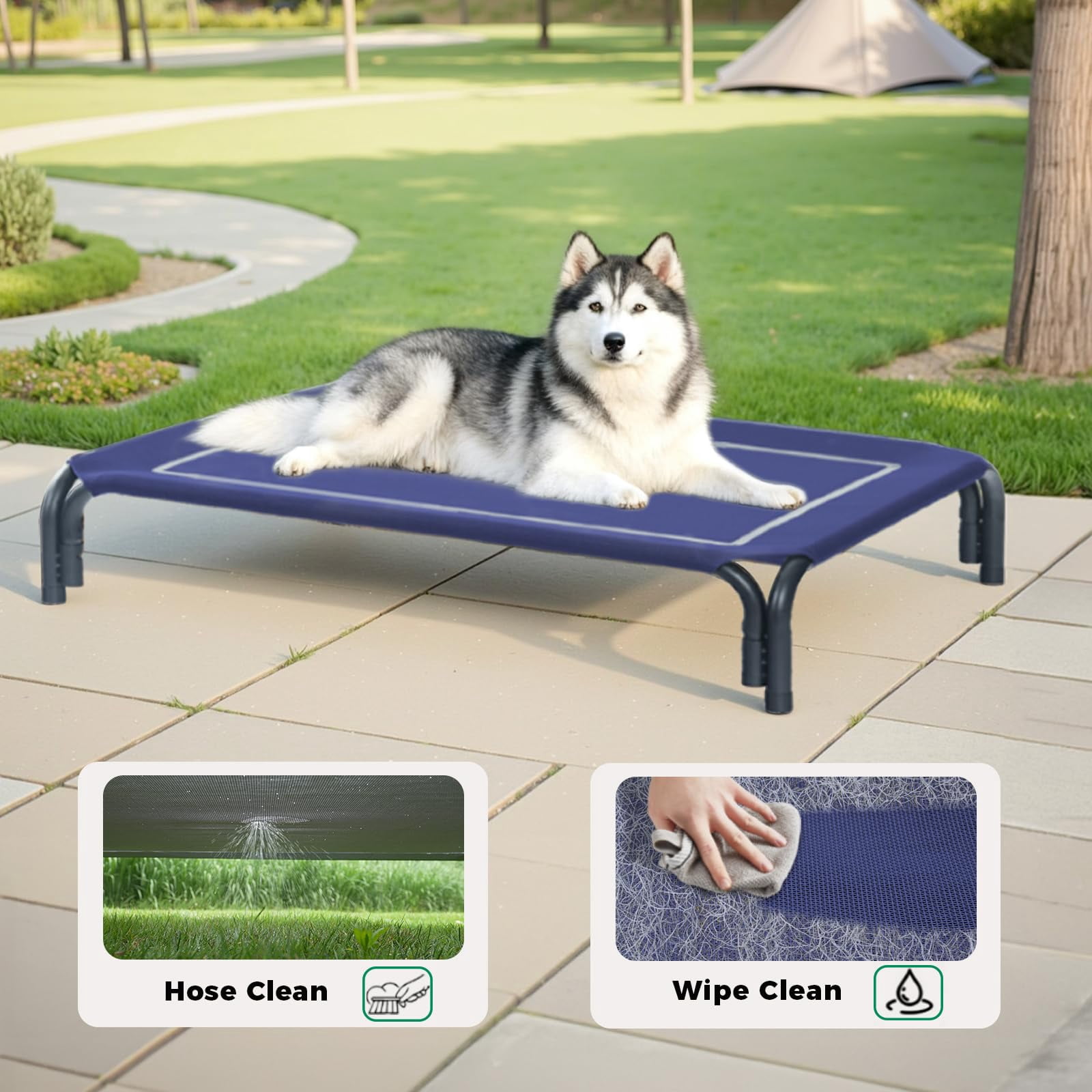 Elevated Dog Bed Raised Outdoor For Large Dogs  Installation Requires No Tools Frame With Washable Breathable Mesh Anti-slip Feet Indoor Pet Blue 43.3 Inches