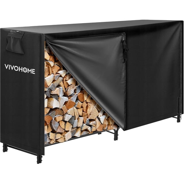6 ft Heavy Duty Firewood Rack Outdoor with Cover, Fire Wood Storage Rack, Log Holder and Cover Combo Set with Zipper, Black