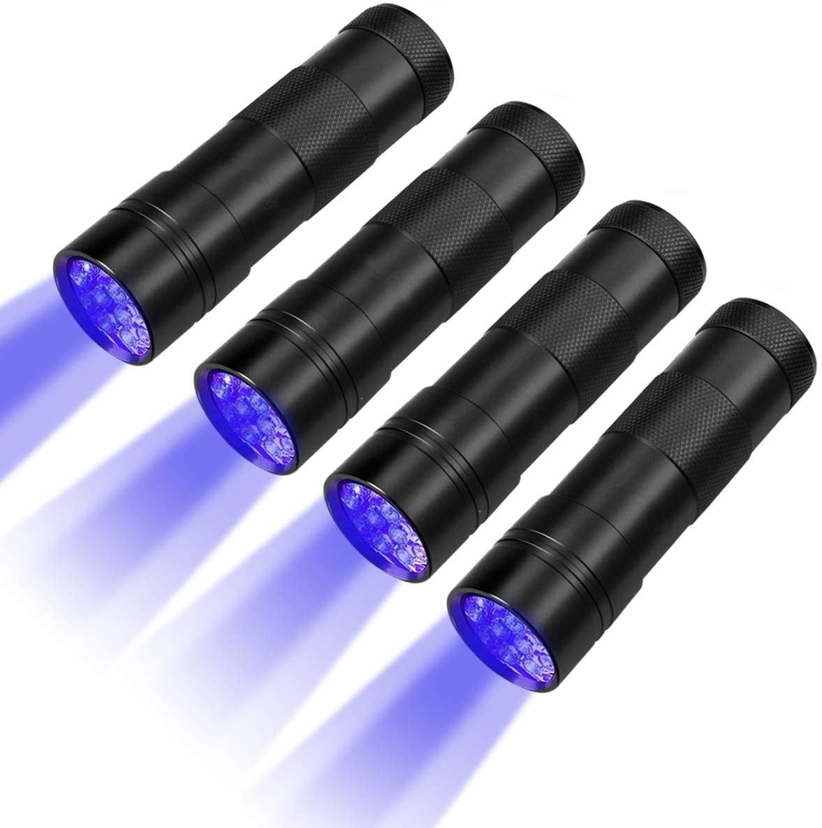 Pack of 4 Ultraviolet Torch Mini UV Lamp LED Torch 395 nm Ultraviolet Light Urine Detector for Fake Banknotes Pets Urine Outdoor Camping with 12 AAA Batteries