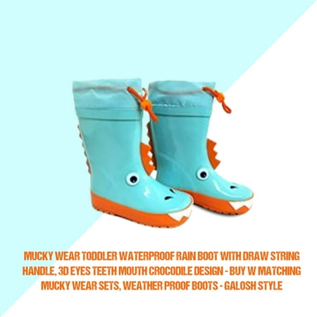 

Mucky Wear Toddler Boot With Draw String Handle 3D Eyes Teeth Mouth Crocodile Design Orange and Blue Toddler Loop Boot Crcocodile Toddler Rain Boot Size