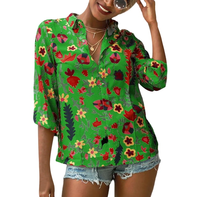 Sonducket Blusa informal con botones de manga larga y estampado de gasa para mujer Prendas para la parte del cuerpo Verde METRO