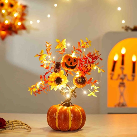 Simulation Pumpkin Tree Decor, Light Up Fall Thanksgiving Ornament, Artificial Autumn Tabletop Statue, Festive Decor for Dining Room Living Room Home Decoration