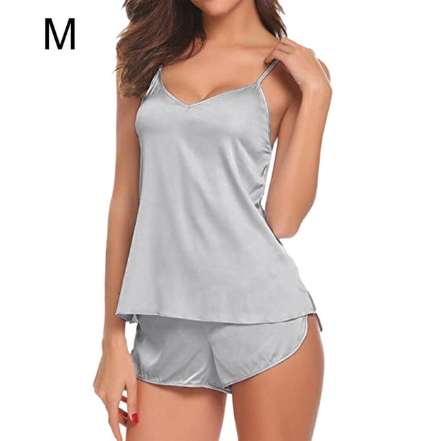 Ensemble Pyjama Sans Manches Shorts Costume V Pyjama Ensemble Cou Femme Sleepware Costume, Gris, M