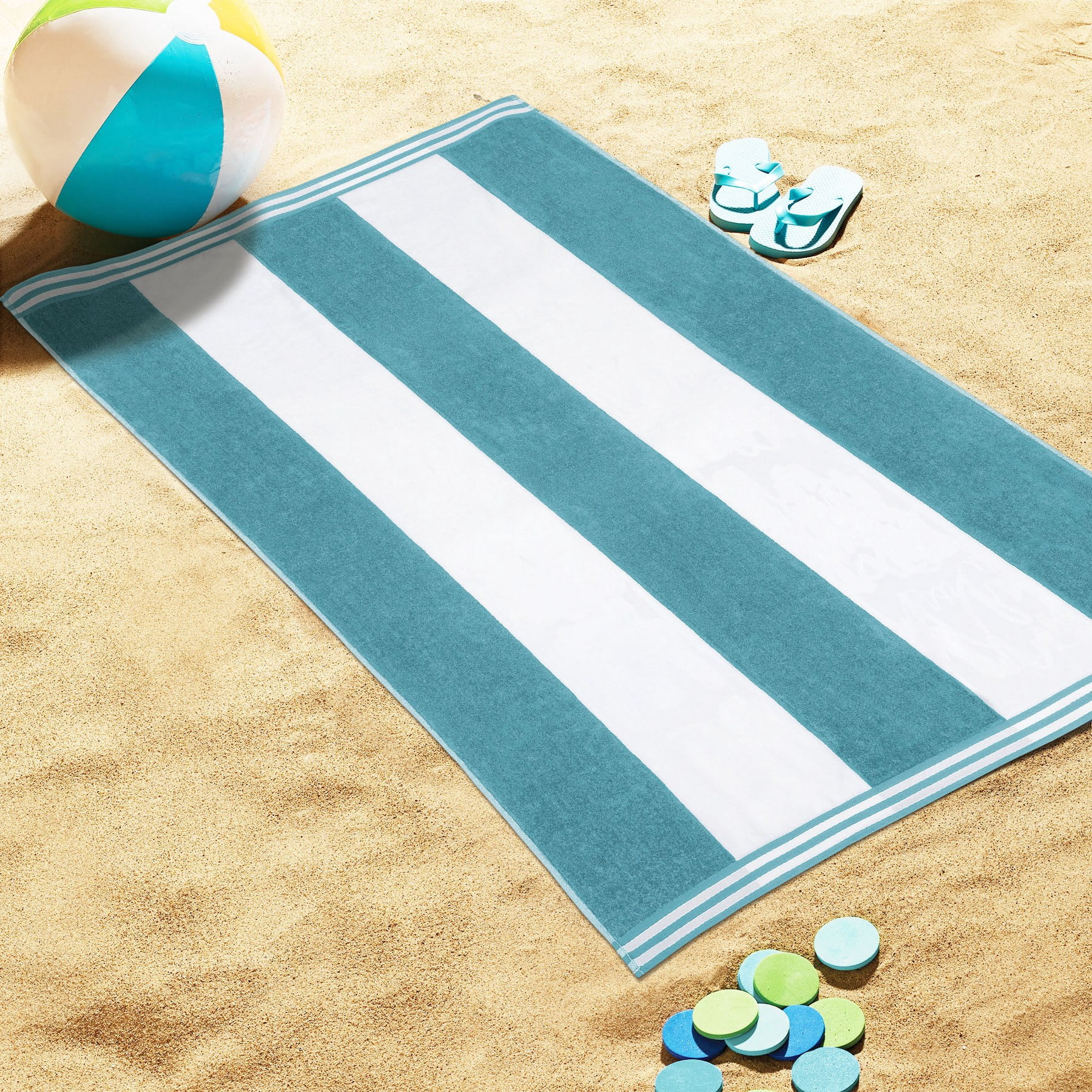 Superior Cabana Striped 1-Piece Oversized Cotton Beach Towel, Turquoise