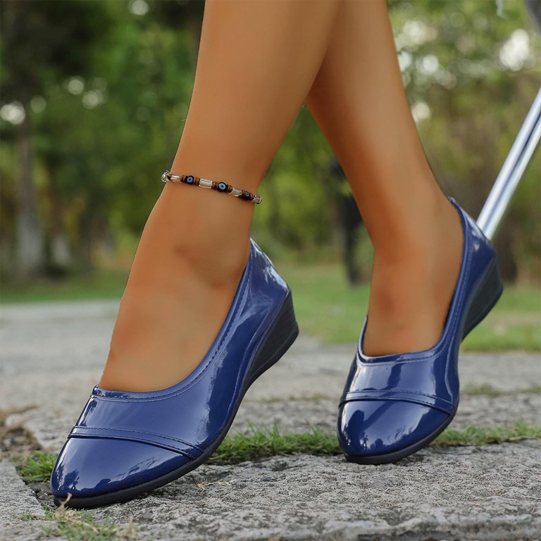 amazon ladies dress shoes low heel WAYDERNS Women's Beige Chunky 1.5 Inch Patent Slip On Pointed Toe Pumps Business Size 5 - Zapatos para Mujer sweet sixteens Toe Dark Blue Women's Dress