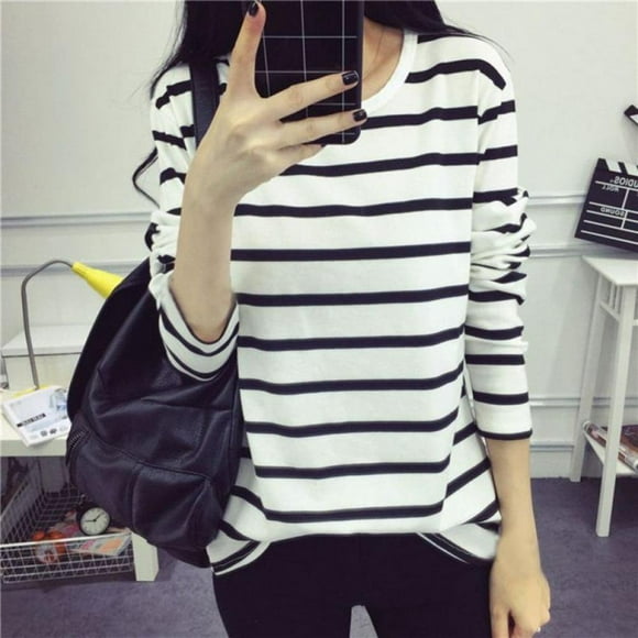 JUNWELL Women Casual T-shirt Black White Striped Top  Neck Long Sleeve T-shirt for Spring Autumn Winter Basic