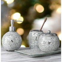 whole housewares bathroom accessories set, 4-piece glass mosaic bath accessory completes with lotion dispenser/soap pump, cotton jar, vanity tray, toothbrush holder (silver)