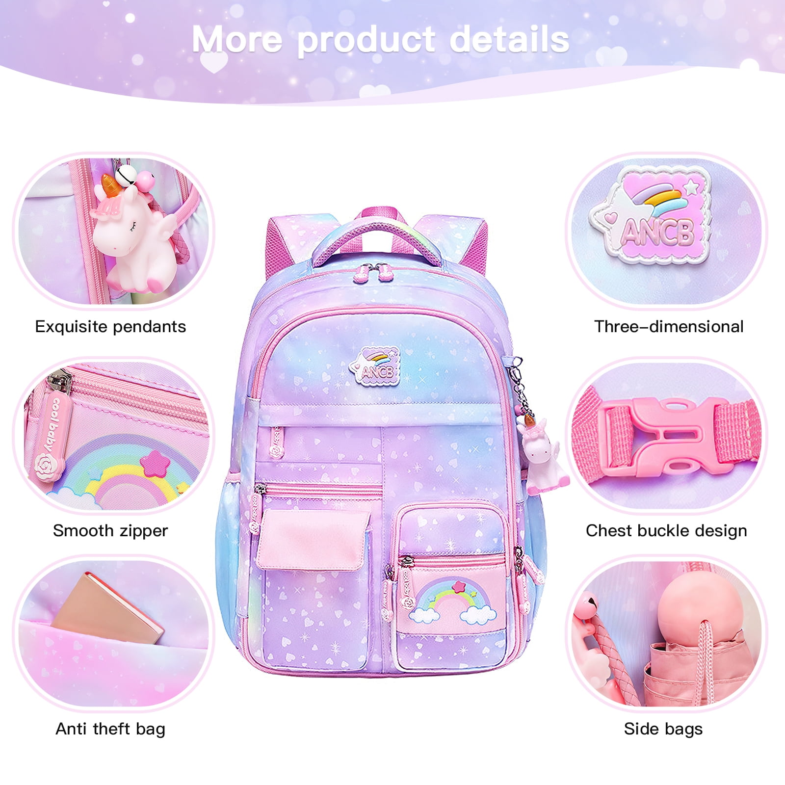 Kadyn Girls Backpack, Waterproof Princess School Backpacks for Teen Girl Kid Students, Cute Book Bag with Compartments and Lunch Bag, Purple Kadyn Girls Backpack, Waterproof Princess School Backpacks for Teen Girl Kid Students, Cute Book Bag with Compartments and Lunch Bag, Purple