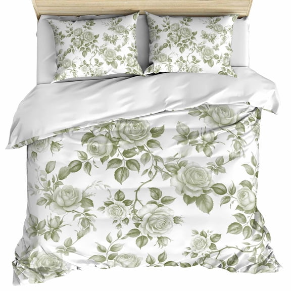 Sage Green Flower Bedding 3 Piece Duvet Cover Set Queen Size, Vintage Country Rose Leaf Floral Soft Microfiber Comforter Cover with Zipper Closure & Pillowcases, Wrinkle & FadeResistant Quilt Cover