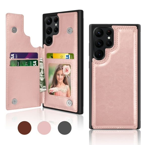 Takfox For Samsung Galaxy S22 Ultra Wallet Case with Card Holder, PU Leather Credit Card Slots Slim Protective Folio Flip Case TPU Frame Bumper Magnetic Closure Cover,Rose Gold