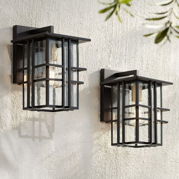 Possini Euro Design Arley Modern Industrial Outdoor Wall Light Fixtures Set of 2 Black 12" Seedy Glass for Post Exterior Barn Deck House