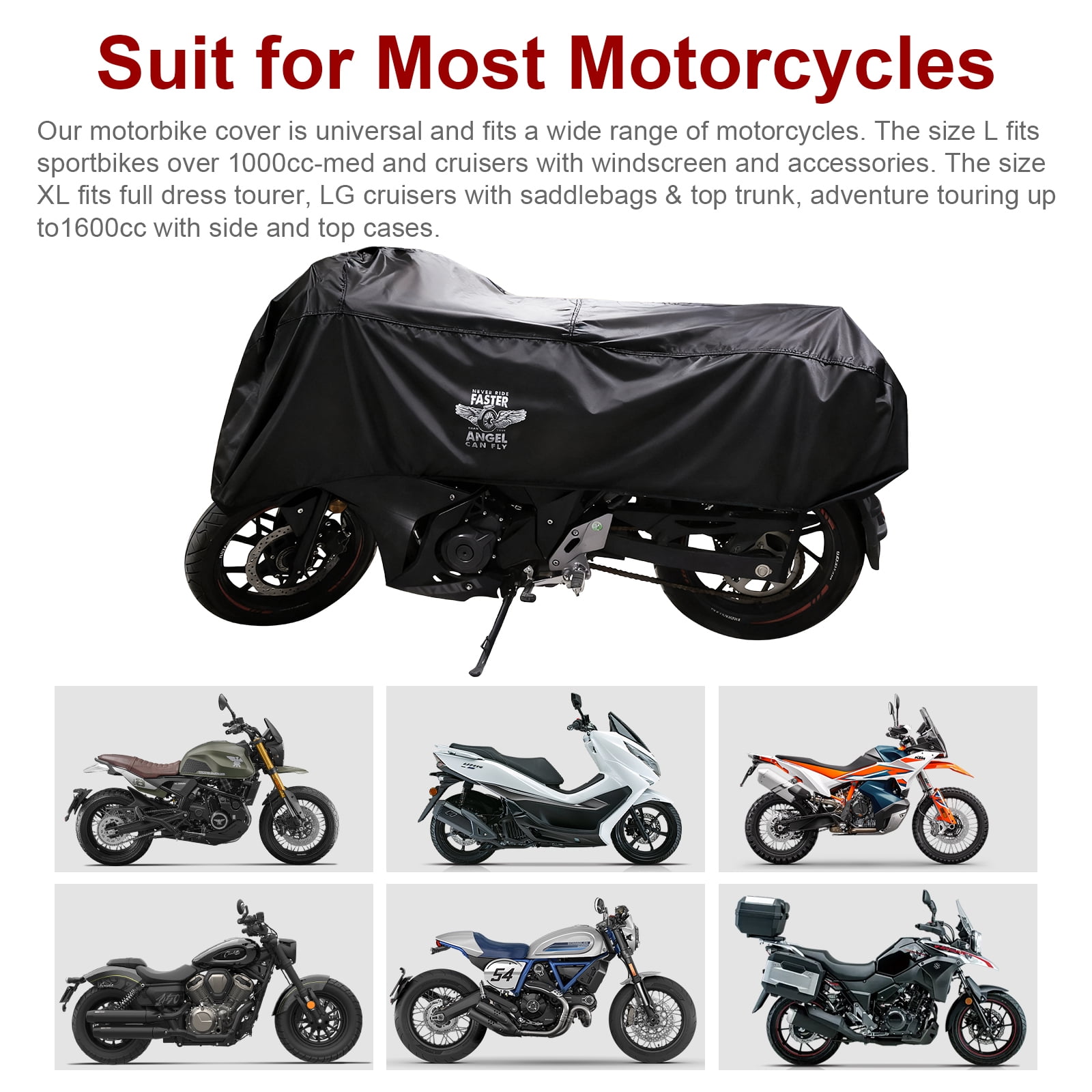 Dream Apparel Motorcycle Half Cover, Waterproof Motorcycle Cover for Outdoor, Rain Snow Dust Protection Universal Fit Heavy Duty Motorbike Vehicle Cover with Storage Bag, Black with Wing Wheel L