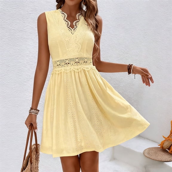 Bnwani Sleeveless Dresses,Summer Dresses,Color Block,V-Neck,Fitted Waist,Knee Length,Yellow,M