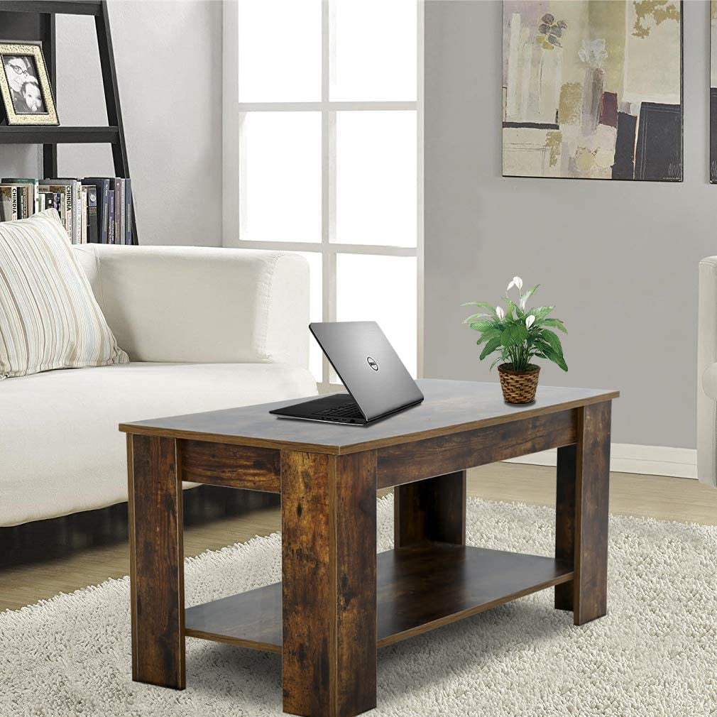 BestOffice Coffee Table with Hidden Compartment and Lower Shelf Silent Air Rod,39.4inch,Brown