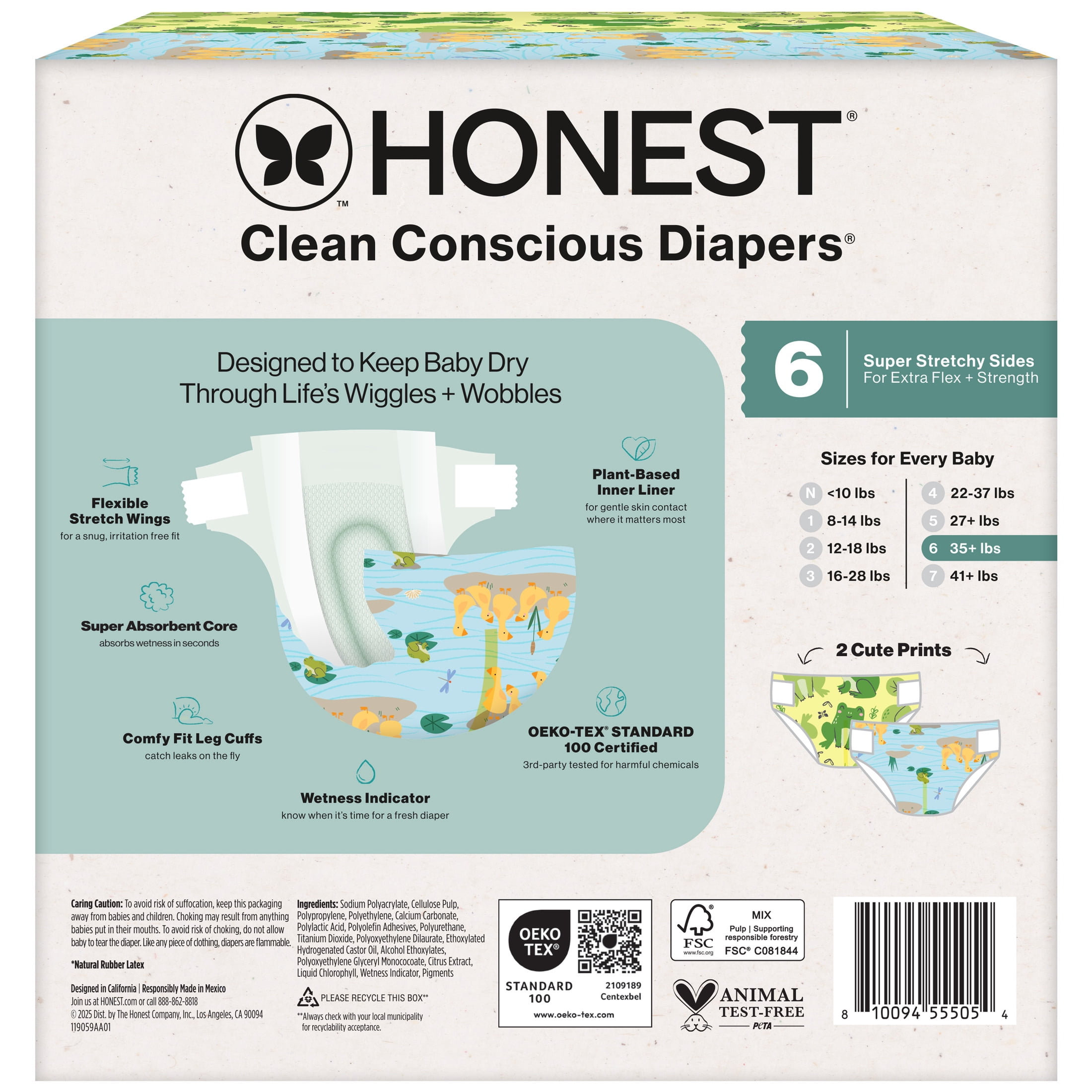 The Honest Company Clean Conscious Diapers® | Up to 100% Leak Protection I Designed to Protect Delicate Skin I Hypoallergenic + Fragrance Free | UR Ribbiting + Waddle It Be, Size 6, 40 Count Club Box