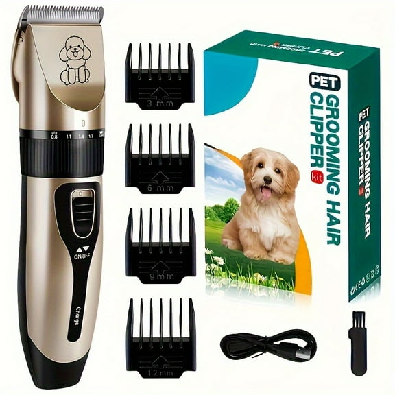 Professional Dog Grooming Kit - USB Rechargeable Electric Clippers with Thick Ceramic Blades, Brush & Measuring Tool Set for Cats and Dogs