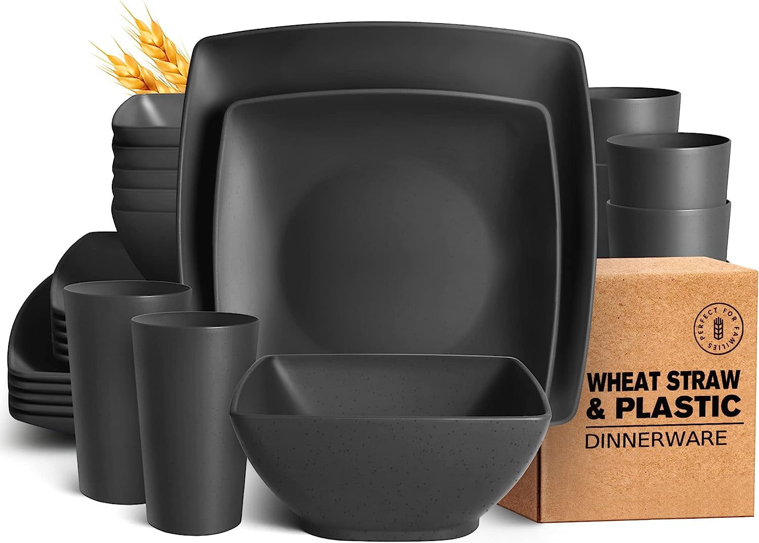 Teivio 24-piece Plastic Wheat Straw Square Dinnerware Set for 6, Unbreakable Dinner Plates, Salad Plates, Snack Bowls, Tumblers 13.5 oz, Dishwasher Safe, Black