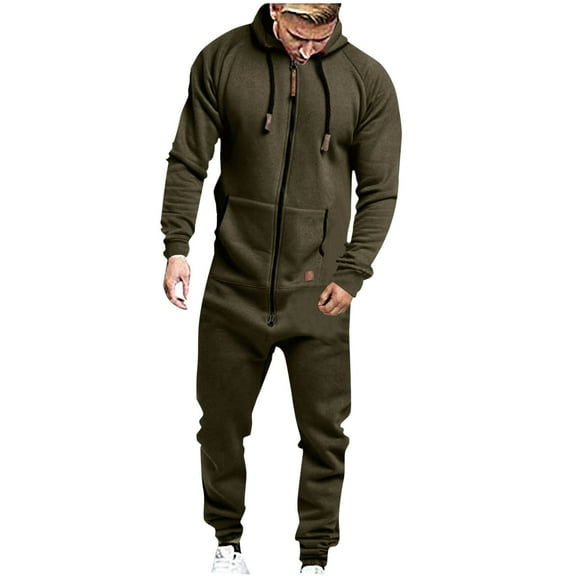 YLSDY Men's Fleece Lined Hooded Jumpsuit Zip Up One Piece Pajamas Playsuit Jogger Sweatsuit Overall Romper Army Green 10
