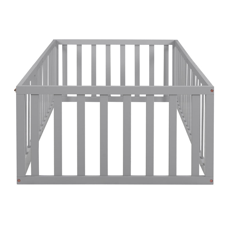 Twin Size Floor Bed Platform Bed with Fence and Door, Wood Montessori Bed Toddler Bed Playhouse Bed for Boys Girls, No Slats