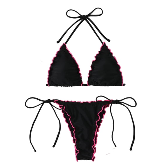 Women's String Triangle Bikini Two Piece Bikini Sets for Women Swimsuit Halter Top Bathing Suit (Black,S)
