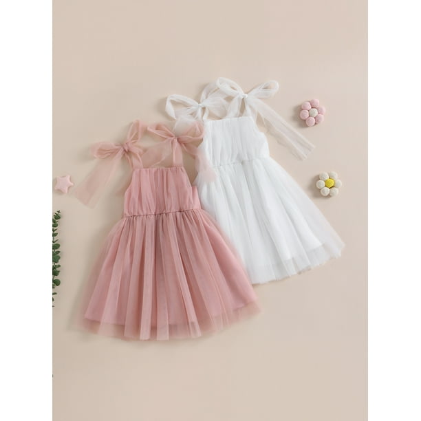 Faithtur Kids Girls Dress Solid Color Sleeveless Tie Up Shoulder