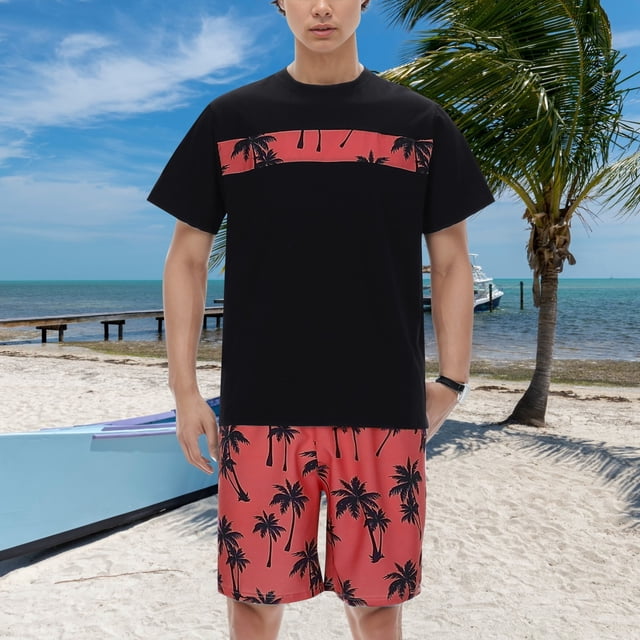 Men's Suits Casual Hawaii Coconut Tree Print Shirt with Drawstring Waist Shorts Set for Everyday Wear