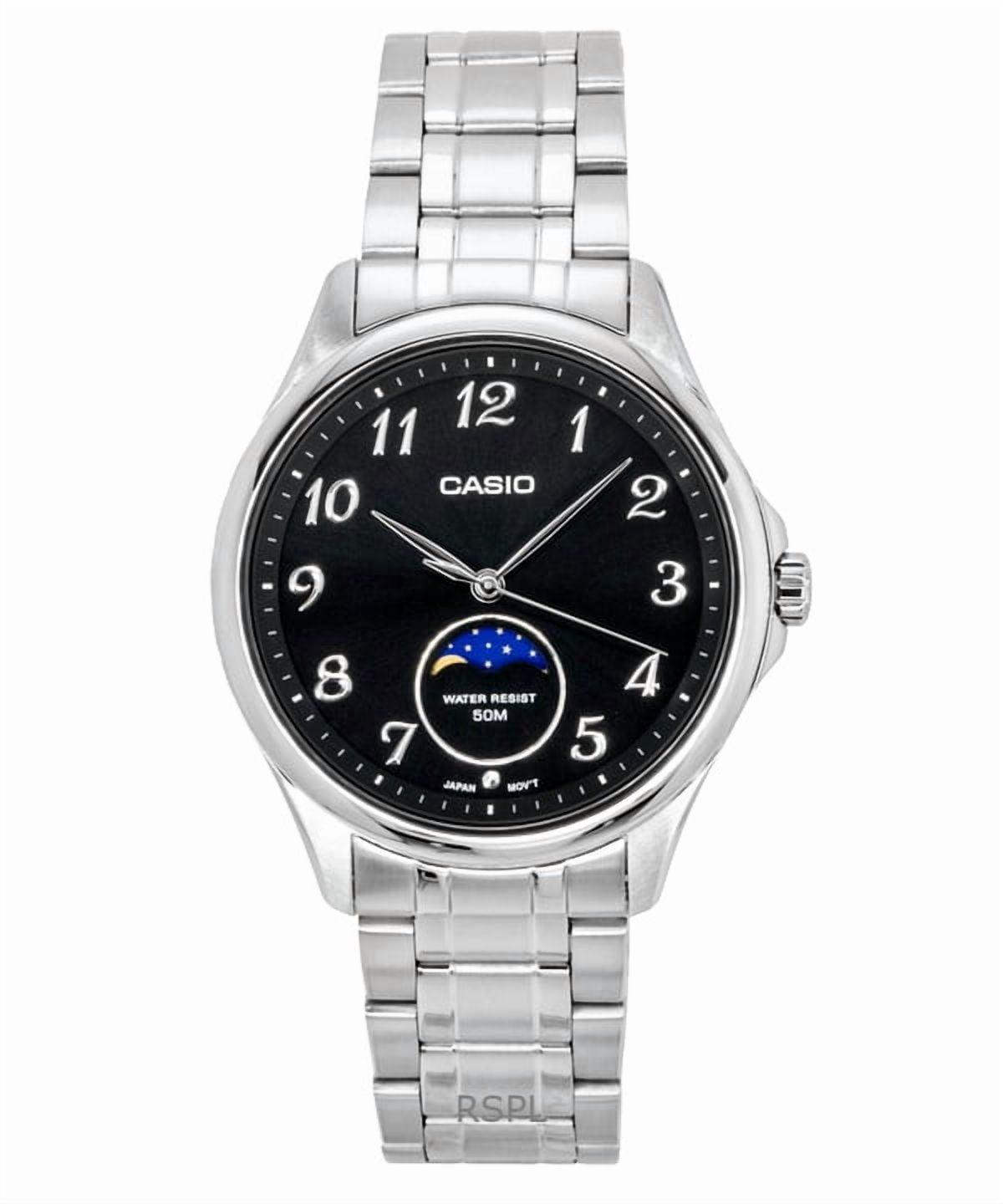 Casio Standard Analog Moon Phase Stainless Steel Black Dial Quartz