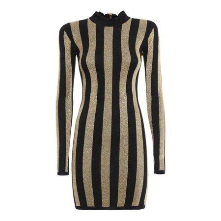 Lurex Gold Black Striped Pattern Mini Dress