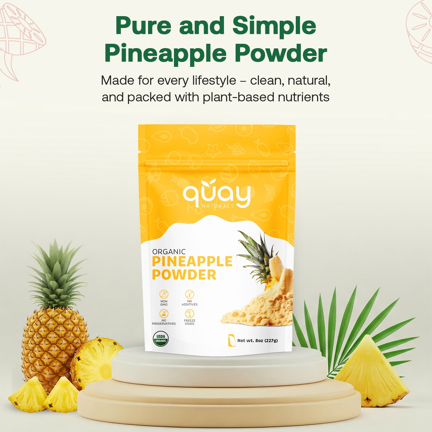 Quay Naturals Organic Pineapple Powder, 8oz, USDA Organic, Freeze-Dried Pineapple Fruit Powder, No Additives, Gluten-Free
